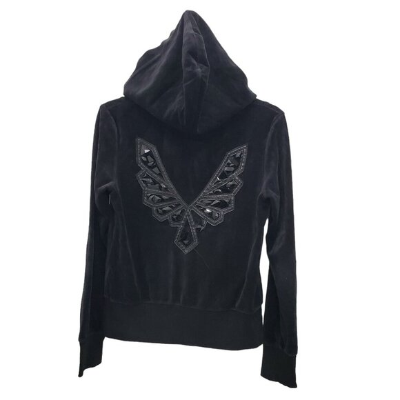 Faith Connexion Women's Black Velvet Embellished Wing LS Zip Front Hoodie Sz M - Picture 10 of 10